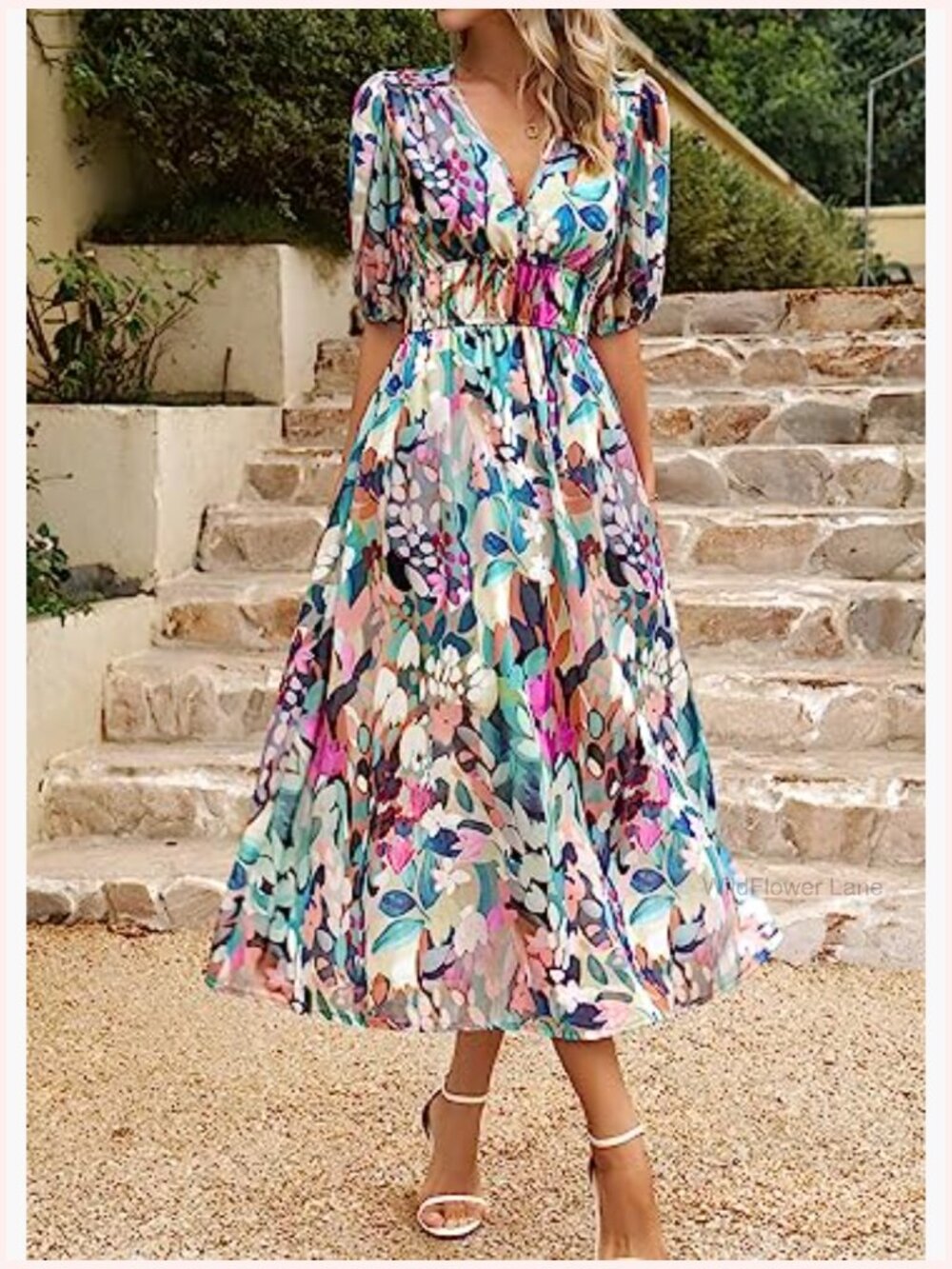 Boho Midi Dress V-Neck Puff Sleeve Flowy Beach Party Tropical Vacation - Picture 3 of 6